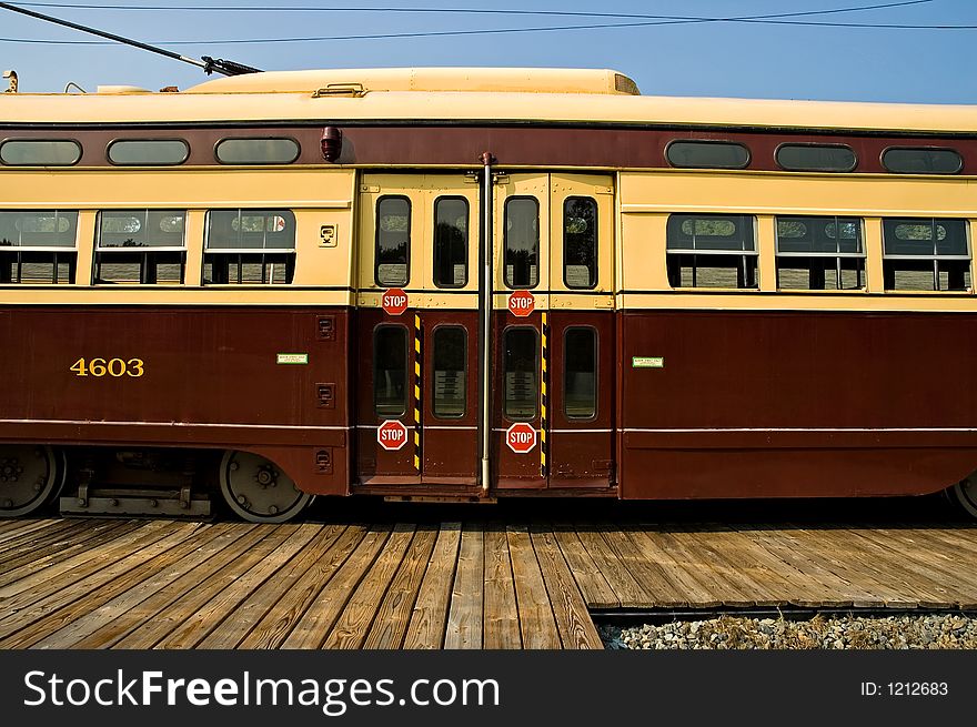 Functioning antique street trolley stopped at the station at the National Trolley Museum, Wheaton, Maryland. Functioning antique street trolley stopped at the station at the National Trolley Museum, Wheaton, Maryland