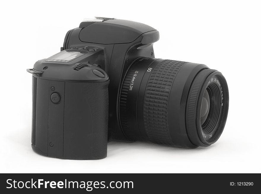 A black slr film camera on a white background. A black slr film camera on a white background