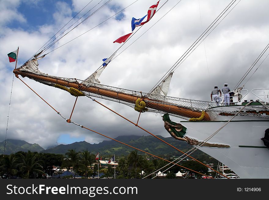 Bow of a wooden sailboat