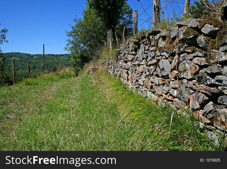 Grass pathway and stone wall