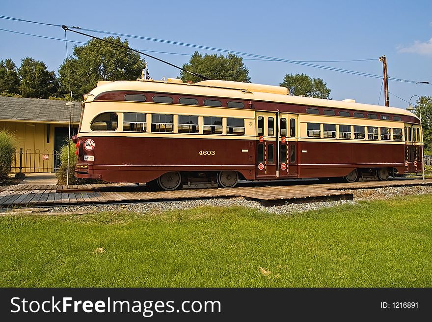 Functioning antique street trolley stopped at the station at the National Trolley Museum, Wheaton, Maryland. Functioning antique street trolley stopped at the station at the National Trolley Museum, Wheaton, Maryland