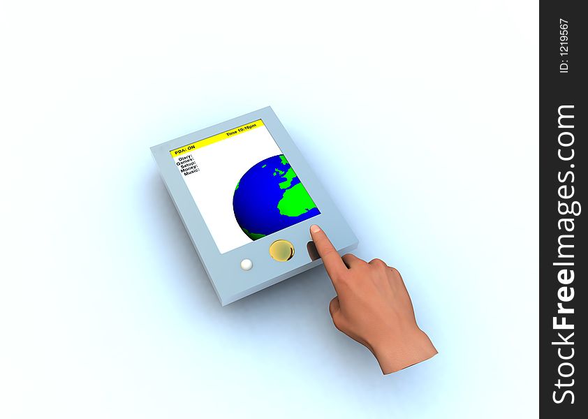 A computer created image of a PDA. with a hand pressing a button. A computer created image of a PDA. with a hand pressing a button.