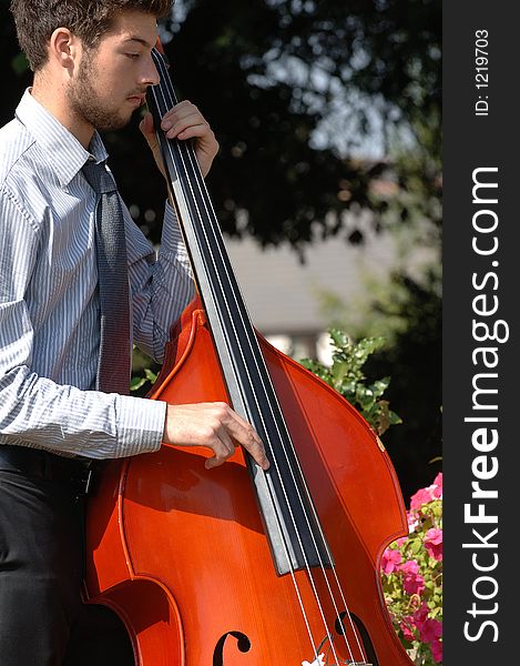 A man playing the double bass. A man playing the double bass