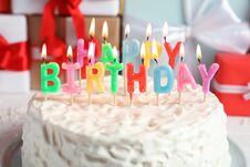 Delicious Birthday Cake With Burning Candles Royalty Free Stock Photos