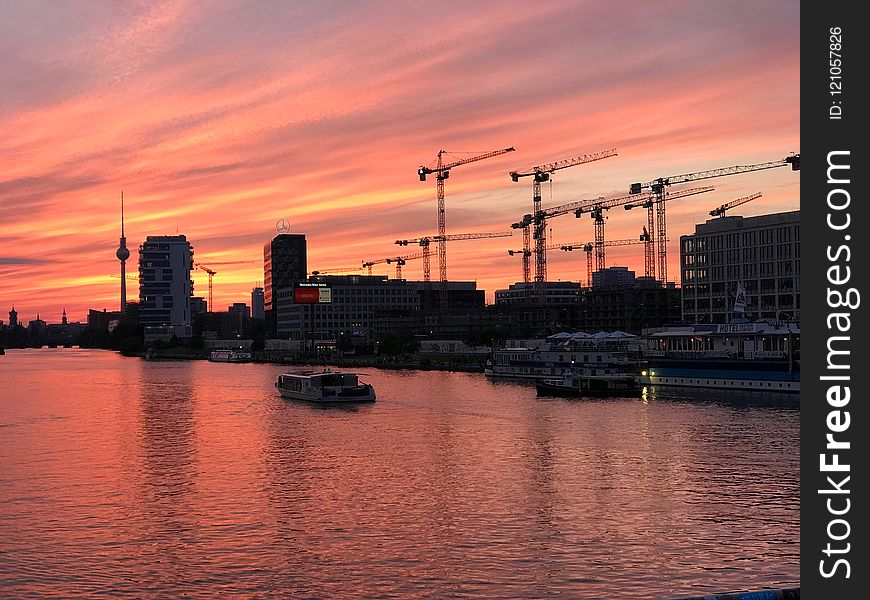 Waterway, Sunset, Sky, Reflection