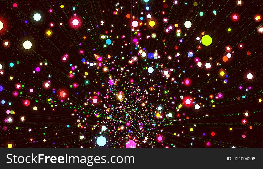 Beautiful festive background with luminous colored balls and fiery traces of fireworks on a dark blue background. Beautiful festive background with luminous colored balls and fiery traces of fireworks on a dark blue background