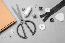 Flat Lay Composition With Accessories For Tailoring Stock Photo