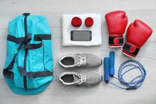 Flat Lay Composition With Sports Bag Royalty Free Stock Photography