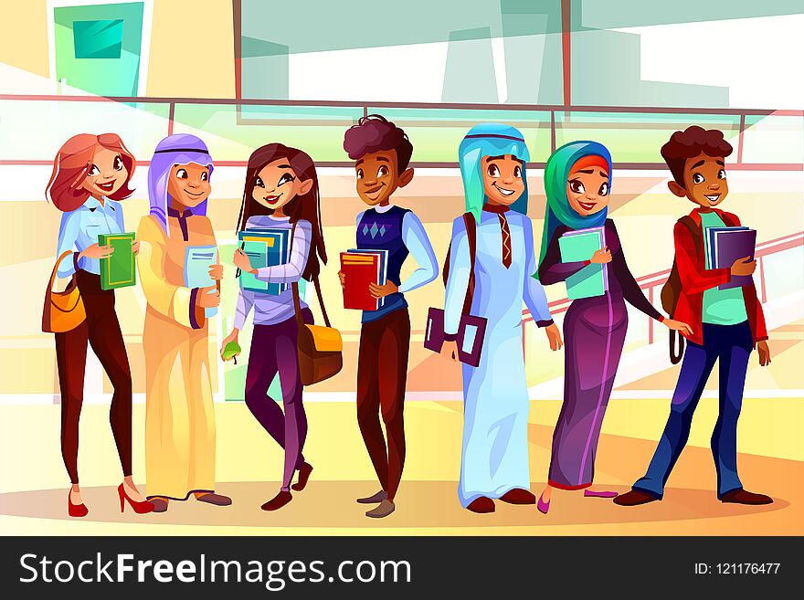 College or university students vector illustration of classmates of different nationalities in class room. Caucasian or Saudi Arabian and Asian girl, black Afro American boy with school bags and books. College or university students vector illustration of classmates of different nationalities in class room. Caucasian or Saudi Arabian and Asian girl, black Afro American boy with school bags and books