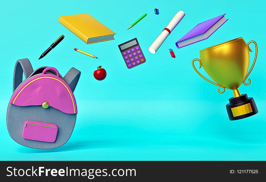 Creative Back to school concept background with school supplies, 3d rendering. Creative Back to school concept background with school supplies, 3d rendering.