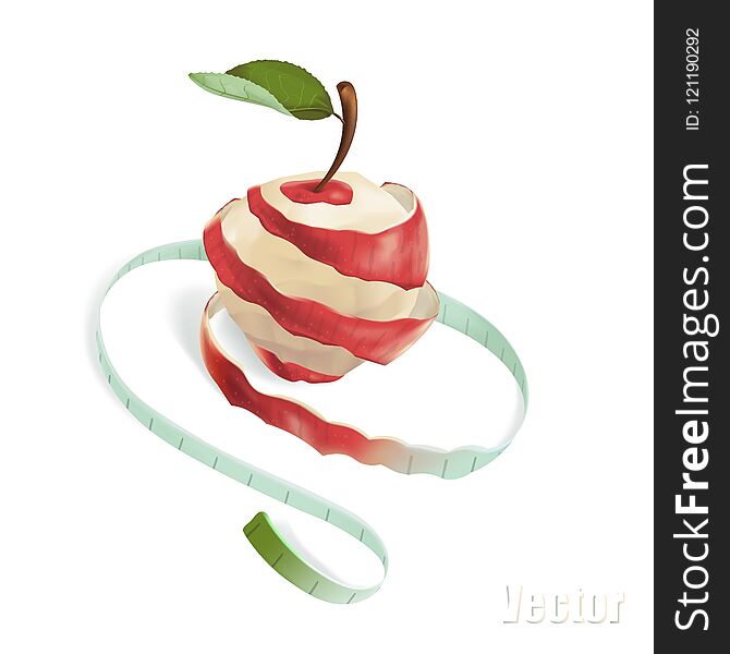 The illustration shows an apple, which was cut in a spiral. The spiral passes into the measuring tape. This is a symbol of weight loss, diet, healthy eating, vegetarianism. Isolated on white background.