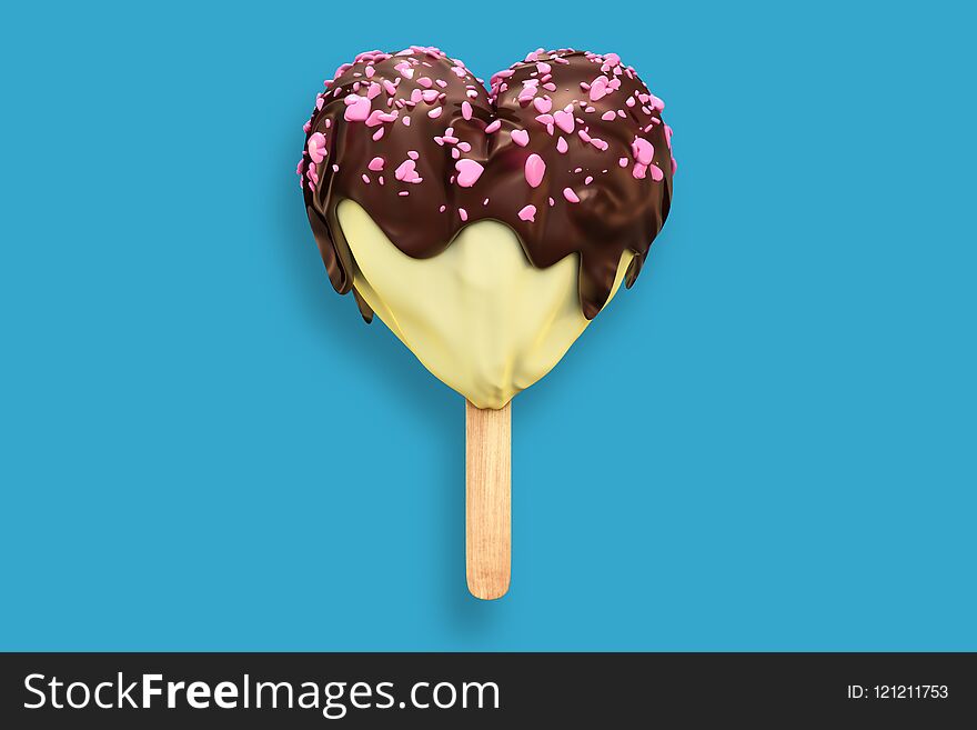 3d rendering of vanilla ice cream heart-shaped topping by chocolate with pink hearts, isolated on pale blue pastel background wit