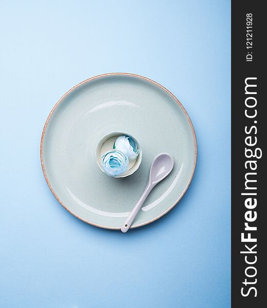 Blue Pastel Ceramic Dish With Flowers And Spoon