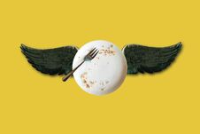 Minimal Conceptual Illustration Of An Empty Plate With Crumbs And Wings On A Yellow Background. My Idea, Design And Art Royalty Free Stock Photography