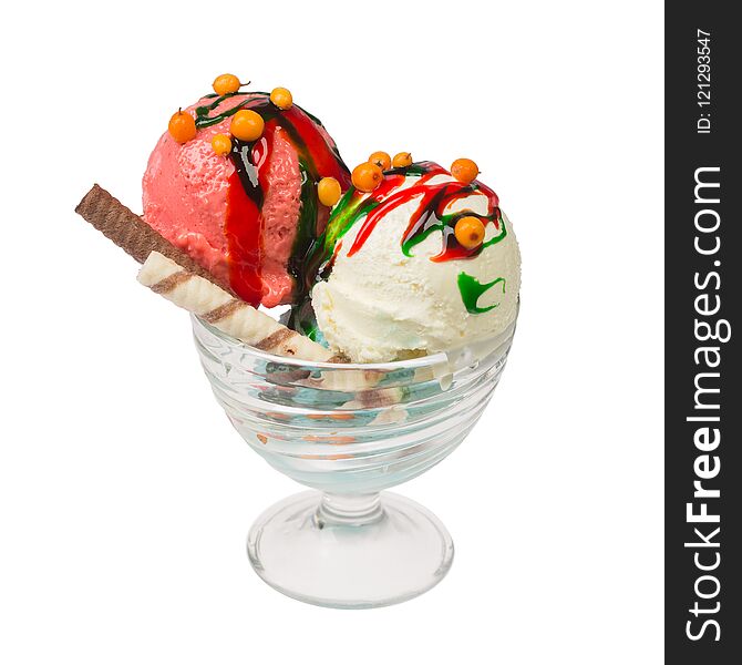 Sundae ice cream with wafwe rolls in a glass. Sundae ice cream with wafwe rolls in a glass