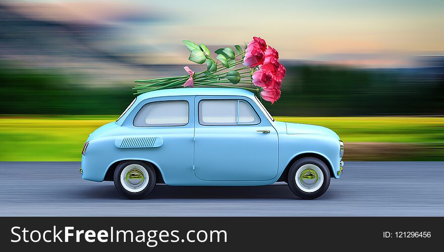 Car Carrying Bouquet Of Flowers 3d Render