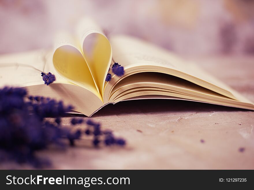 Heart shaped book pages with lavender vintage toning