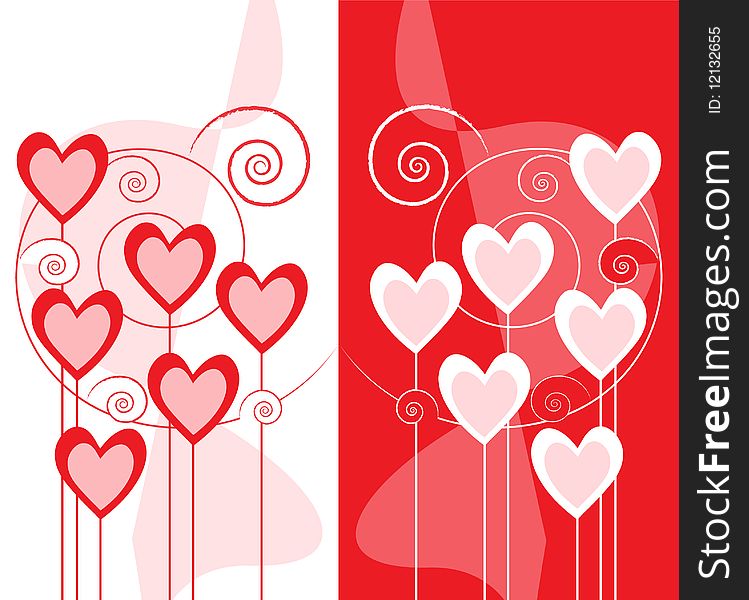 Abstract greeting card design with hearts isolated over white and red background