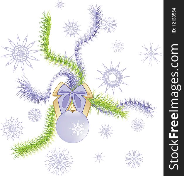 Snowflakes, lilac bow with Christmas ball and tinsel. Vector illustration