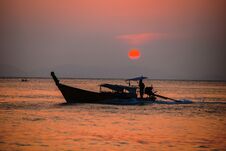 Picture Of Typical Fisher Man Boat In Sunset. Thailand Stock Photos