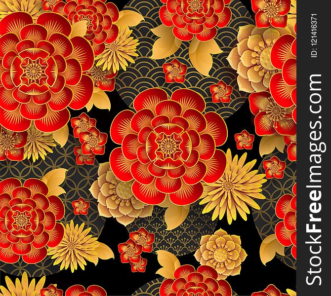 Seamless Pattern With Japanese, Chinese And Asian Elements.