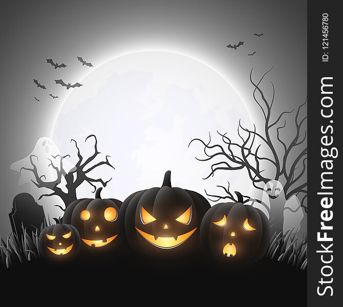 Illustration of Cartoon Halloween pumpkins with white ghost