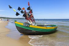 Fishing Boats By The Sandy Beach On The Baltic Sea On A Sunny Day, Sopot, Poland Royalty Free Stock Image