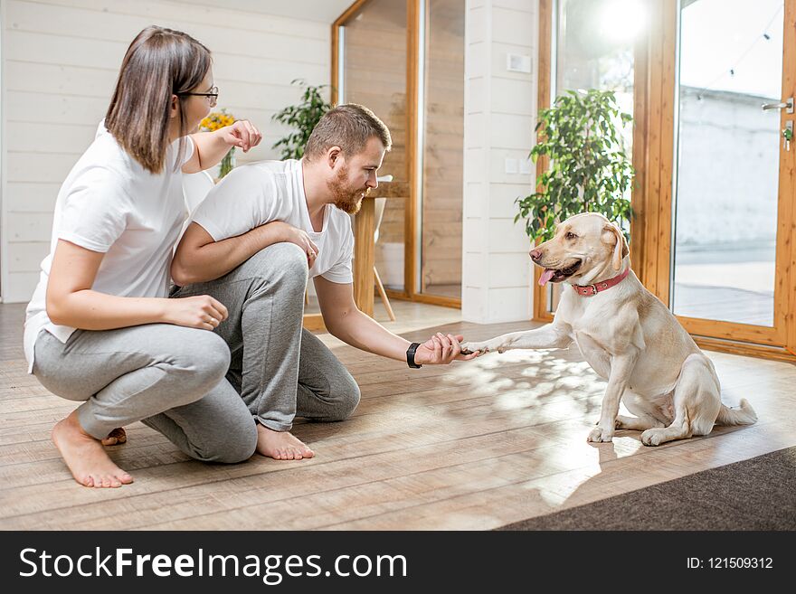 Young lovely couple in white t-shirts playing with their dog sitting on the floor in the house. Young lovely couple in white t-shirts playing with their dog sitting on the floor in the house