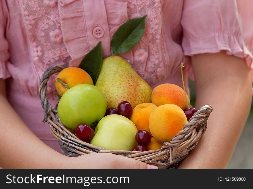 Little girl holding a basket of fruit. Little girl holding a basket of fruit