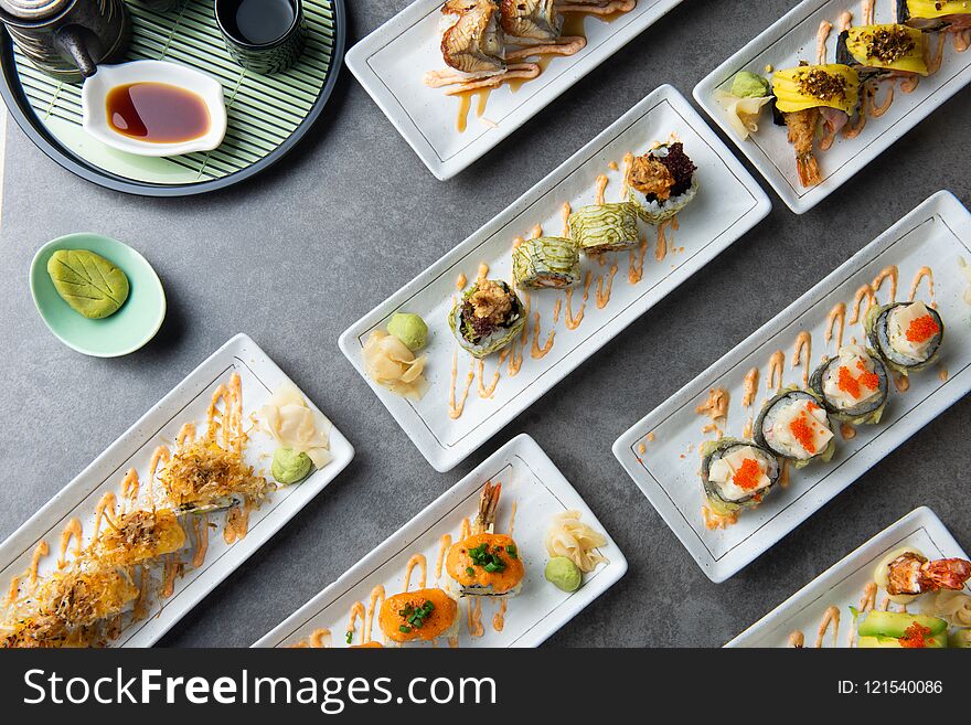 Various sushi roll flat lay shot in restaurant