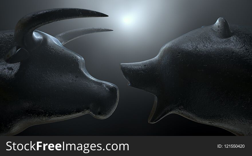 Two metal statuettes depicting a stylized bull and bear in dramatic light representing financial market trends on a dark studio background - 3D render. Two metal statuettes depicting a stylized bull and bear in dramatic light representing financial market trends on a dark studio background - 3D render