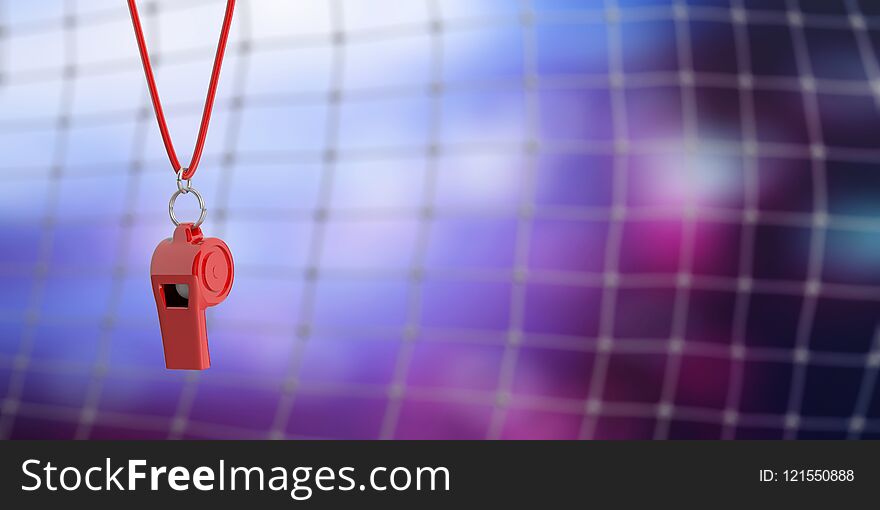 Red whistle on blur soccer goal net background, copy space. 3d illustration