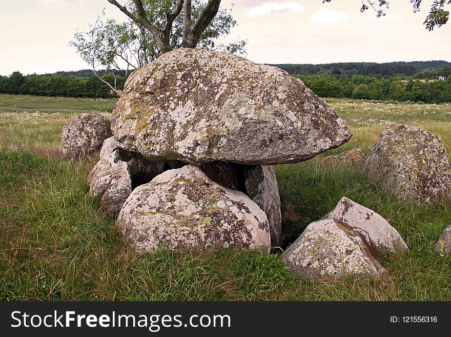 Rock, Boulder, Grass, Bedrock