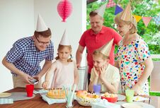 Colorful Portrait Of Happy Family Celebrate Birthday And Grandpa Royalty Free Stock Images