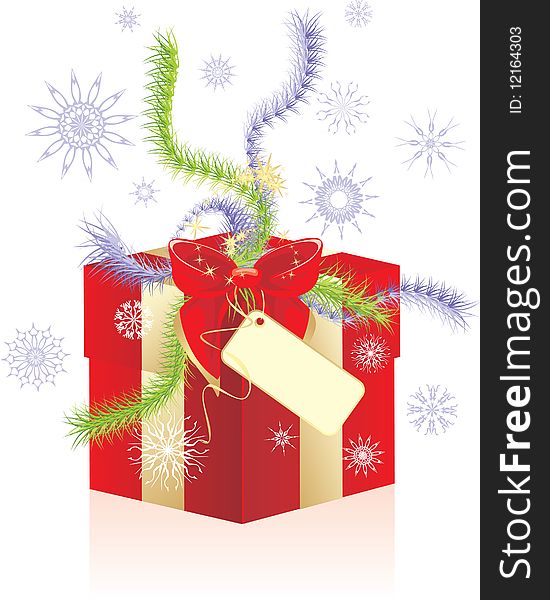 Decorative box with snowflakes, Christmas tinsel and red bow. Vector illustration. Decorative box with snowflakes, Christmas tinsel and red bow. Vector illustration