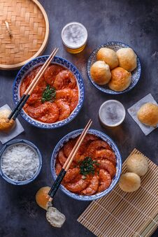 Shrimp In Chili Sauce With Rice And Beer Stock Image