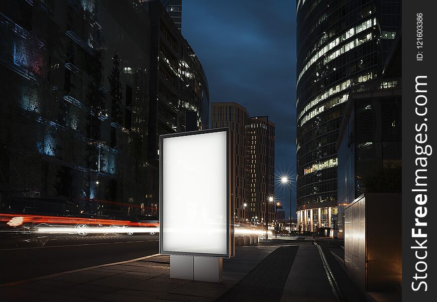 Blank illuminated banner at night time in the city next to red lighted road. 3d rendering. Blank illuminated banner at night time in the city next to red lighted road. 3d rendering