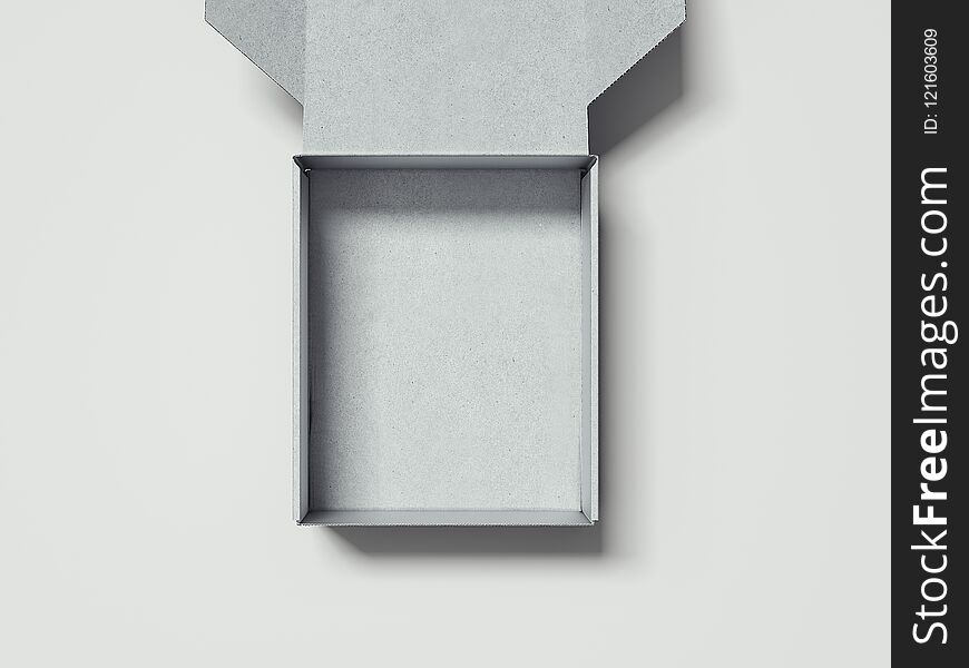 Opened empty white cardboard box on white background, 3d rendering.