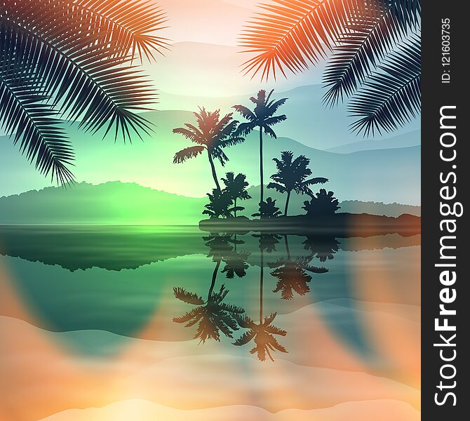 Green summer background with sea and palm trees at night. EPS10 vector.