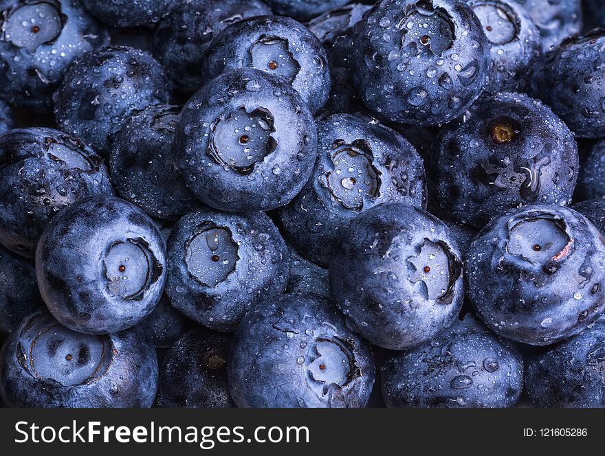 Fresh ripe blueberries with drops of dew. Berry background. Macro photo