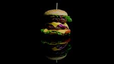 Tasty Burger With Beef, Cheese And Greens On The Black Mirror Surface For Commercial Royalty Free Stock Images