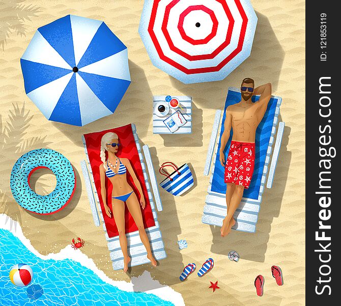 Summer top view illustration of young couple resting on sun beds under parasols on beach sand background with sea surf.