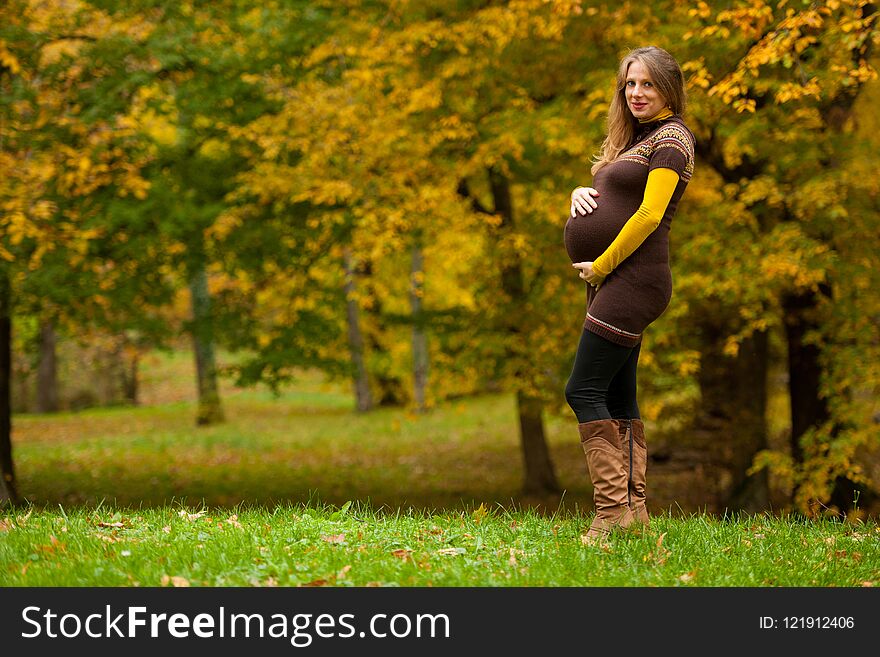 Beautiful pregnant woman outdoor in park on autumn afternoon with vibrant nature colors in background .