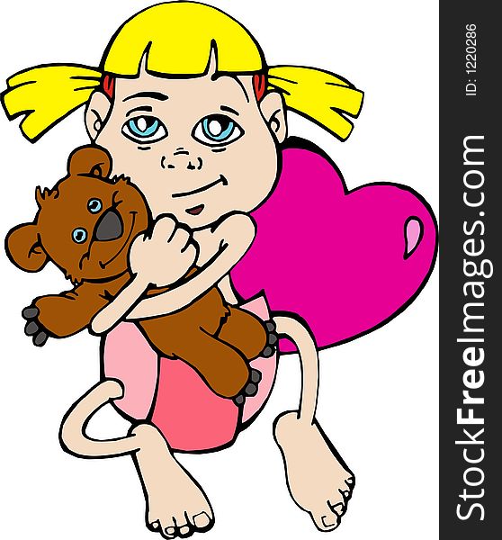 Drawing of a lovely girl hugging her teddy bear, with a big pink heart besides her. Cartoon style. Drawing of a lovely girl hugging her teddy bear, with a big pink heart besides her. Cartoon style.