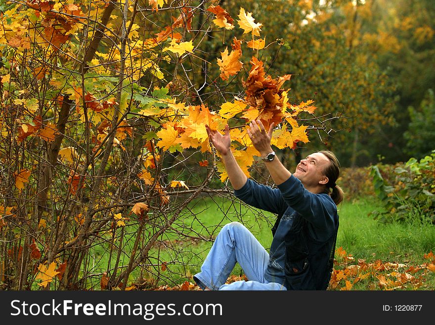 Smiling the man throws maple leaves