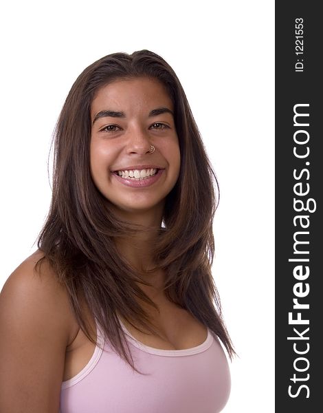 Head and shoulders portrait of an attractive young woman in a pink tank isolated against a white background. Head and shoulders portrait of an attractive young woman in a pink tank isolated against a white background.
