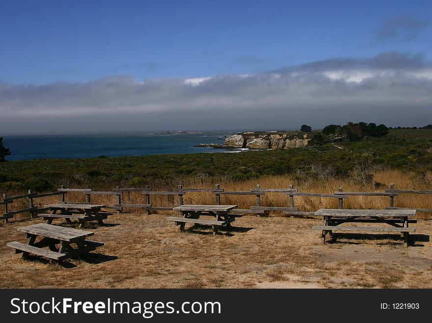 California coast line with picnic area in the foreground
