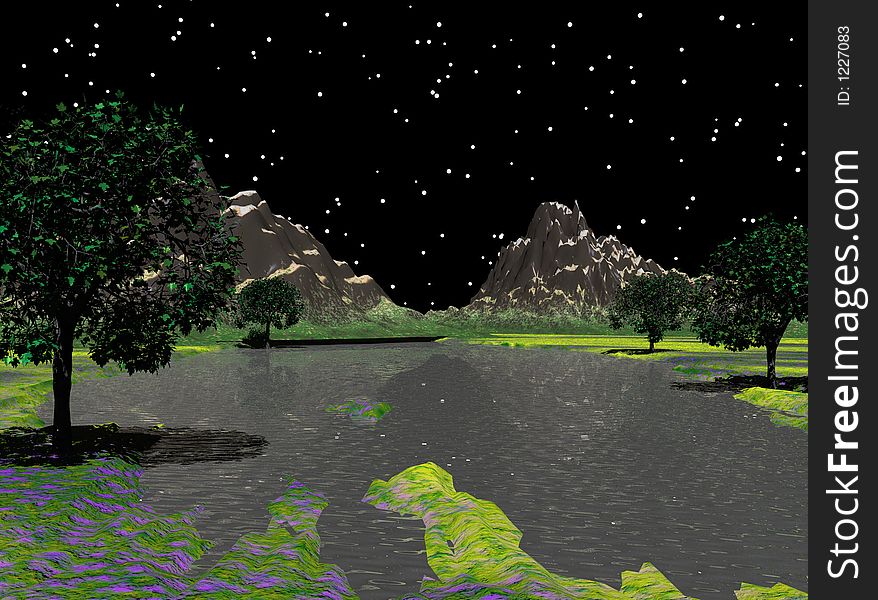 Fantasy River at night computer generated by Bryce 3D rendered landscape terrain. Fantasy River at night computer generated by Bryce 3D rendered landscape terrain