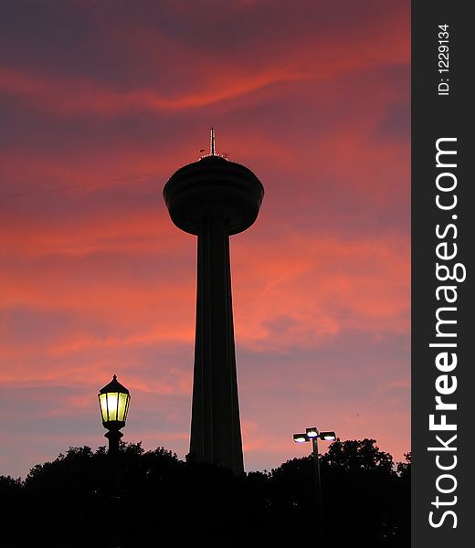 Sunset with tower and lantern at Niagara Falls, Ontario, Canada