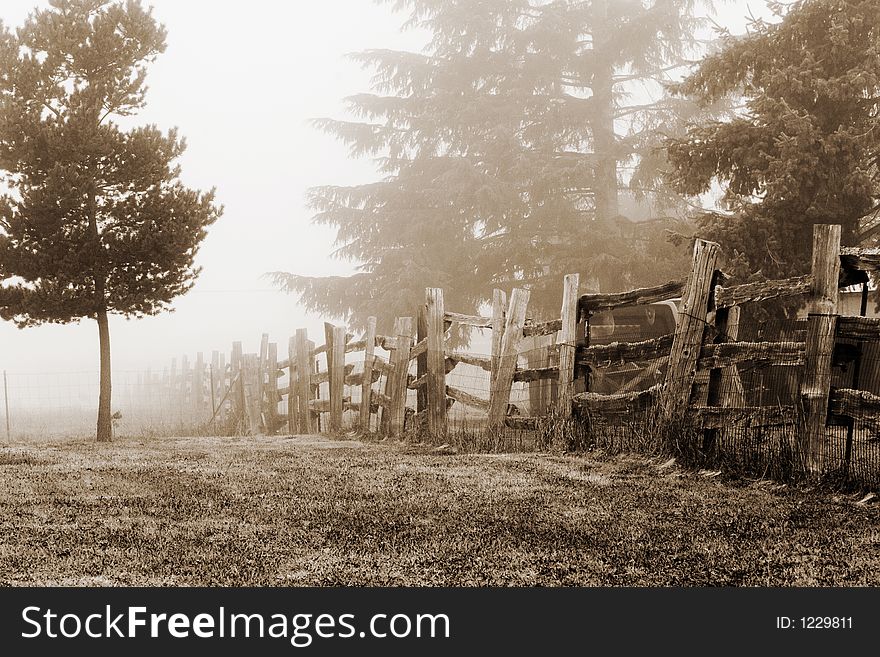 Scenic sepia view of fence and trees in foggy countryside.